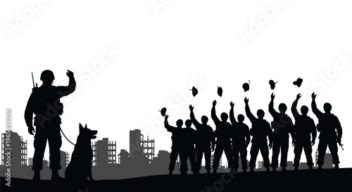 Soldier and Dog Celebrate Victory Amidst War-Torn City Ruins Silhouette