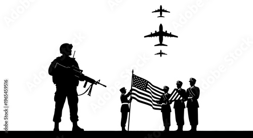 Soldier salutes flag with planes flying overhead, symbolizing patriotism and military strength.
