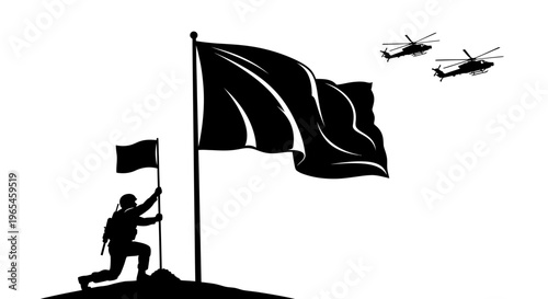 Soldier Planting Flag on Hilltop with Helicopters Flying Overhead - Victory and Military Triumph