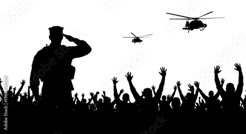 Soldier Saluting Crowd with Helicopters Overhead - Military Evacuation or Welcome Home
