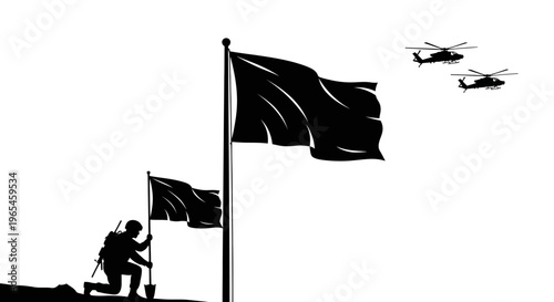 Soldier Planting Flag with Helicopters Flying Overhead