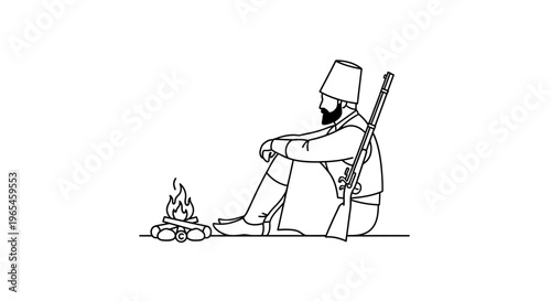 Soldier Sitting by Campfire with Rifle, Ottoman Era, Historical Illustration