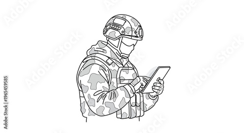 Soldier using tablet in camouflage uniform, tactical gear, helmet, digital communication