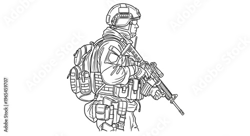 Soldier with Rifle and Backpack, Military Gear, Combat Ready, Line Art Illustration