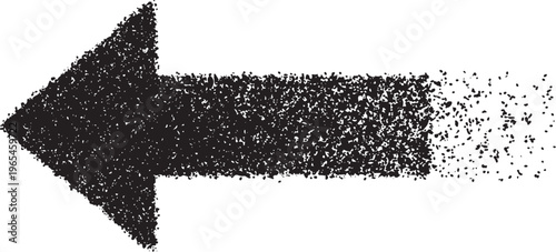 Black arrow pointing left with a textured grainy particle dispersion effect