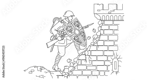 Soldier with shield and rifle breaks through brick wall, historical war illustration