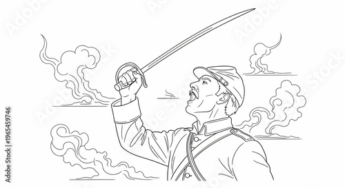 Soldier with Sword Raised in Smoke, Historical Battle Scene