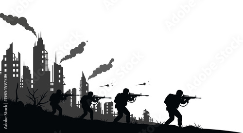 Soldiers advancing through a destroyed city, symbolizing war and urban conflict.