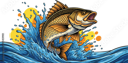 Large mouth bass jumping out of water with splash