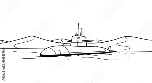 Submarine sailing on water with hills in the background, black and white drawing