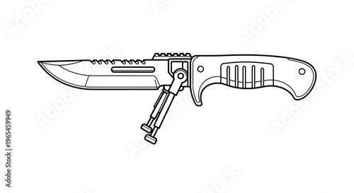 Tactical Folding Knife with Bipod - Line Art Illustration