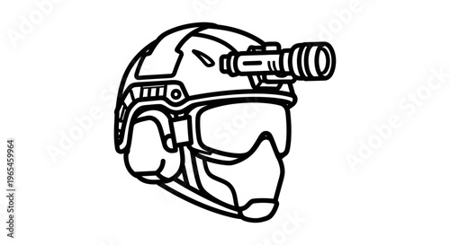Tactical Helmet with Night Vision Goggles and Flashlight - Line Art Icon