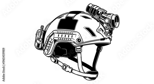 Tactical Helmet with Night Vision Goggles - Black and White Illustration