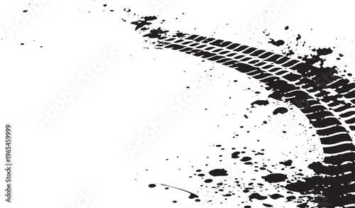 Black tire track mark with mud splashes on a white background