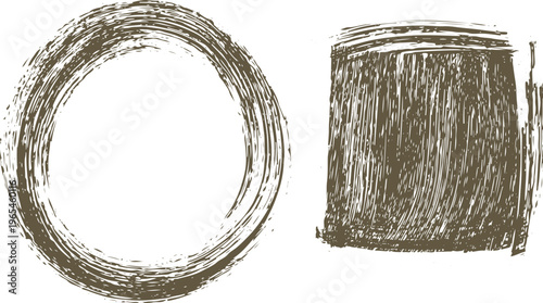 Brown ink brush stroke circle and rectangular block shapes on white background