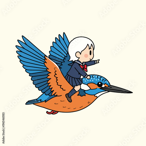 An illustrated depiction of a girl in a school uniform riding atop a bird in mid-flight, against a pale yellow background