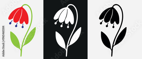 Stylized bell flower vector icons, minimalist floral blossom illustrations in red and black, set of 3 botanical silhouettes for logo design