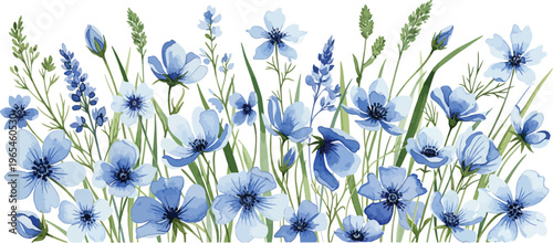 Watercolor painting of a field of blue flowers and green grass