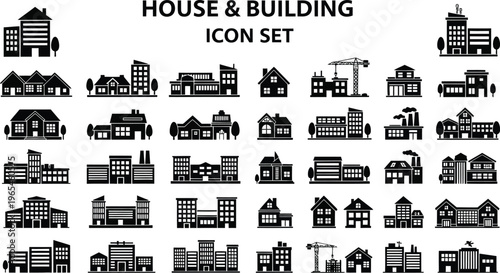 Comprehensive collection of diverse house and building silhouette icons, a detailed vector illustration set for architectural and urban design projects.