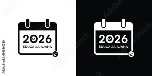 Black and white calendar with text educalia ajaha and year 2026 on white and black background symbol