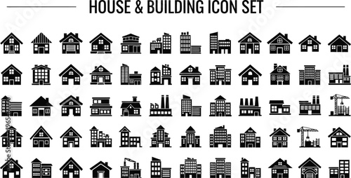 Comprehensive House and Building Icon Set Vector Illustration featuring various residential and commercial structures in black silhouettes.