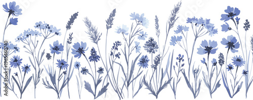 Watercolor illustration of a field of purple flowers on white background