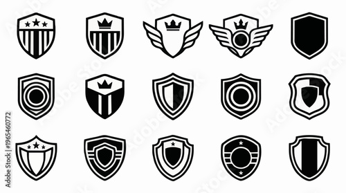 Collection of diverse vector shield badges and emblem designs for graphic projects and awards