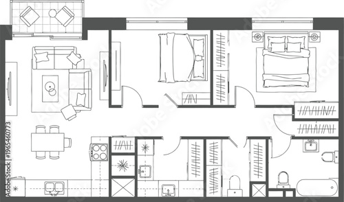Detailed black and white vector illustration of a modern apartment floor plan showcasing multiple rooms and functional layout.