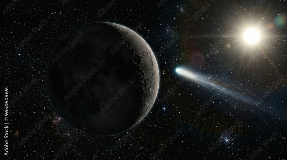 Fototapeta premium Stellar Scene: Comet and Cratered Planet Illuminated by Distant Star