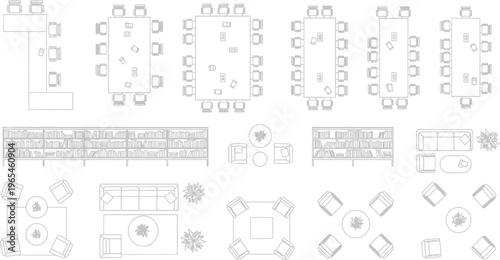 Detailed architectural top-down plan views showcasing various conference and dining tables with chairs, essential for interior design layouts.