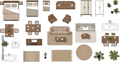 Comprehensive top-down vector illustration set of diverse home furniture and decor elements for interior design layouts and floor plans