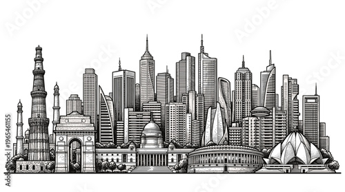 A detailed black and white illustration of the New Delhi skyline, showcasing iconic landmarks and modern skyscrapers.