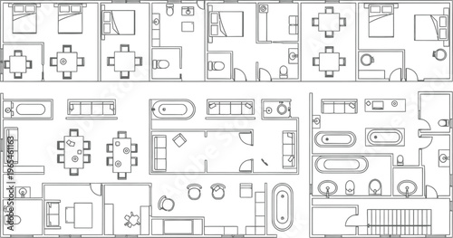Comprehensive black and white vector illustration showcasing various detailed apartment and house floor plans with diverse furniture layouts.