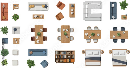 Top view collection of various modern home furniture and potted plants for interior design floor plans and architectural layouts.