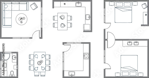 Collection of detailed black and white vector floor plans illustrating various residential room layouts and furniture arrangements