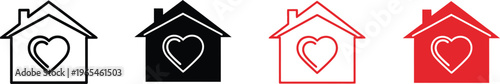 Four house icons with heart designs in different colors