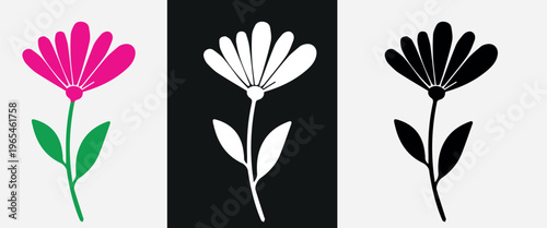 Minimalist flower icons set, botanical daisy floral vector elements, pink and green wildflower silhouettes, black and white garden plant graphics
