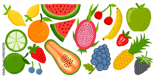 Colorful hand drawn fruit and berry clipart collection vector. Cute fruit vector set for menus, packaging, and summer design