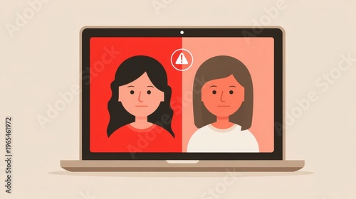 A laptop screen displaying two cartoon women with a warning sign for deepfake concept