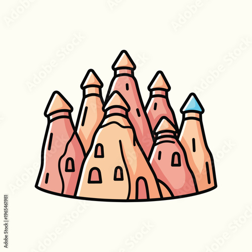 An illustration depicting a collection of cone-shaped structures with small windows. The colors range from orange to pink. Some have blue tips, and a black outline