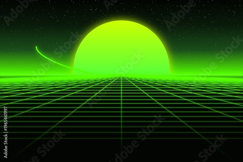 Synthwave Green Neon Grid Landscape, Glowing Sun Horizon, Retro 80s Outrun Background, Minimalist Cyberpunk Terrain, Digital Sci-Fi Space Art, Futuristic Night Design