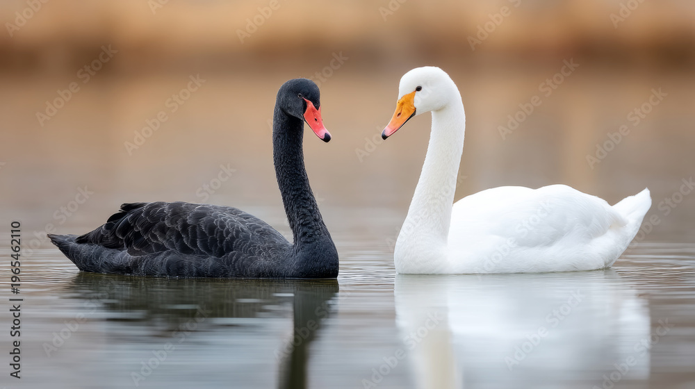 Fototapeta premium Black swan and white swan gracefully floating on calm lake surface