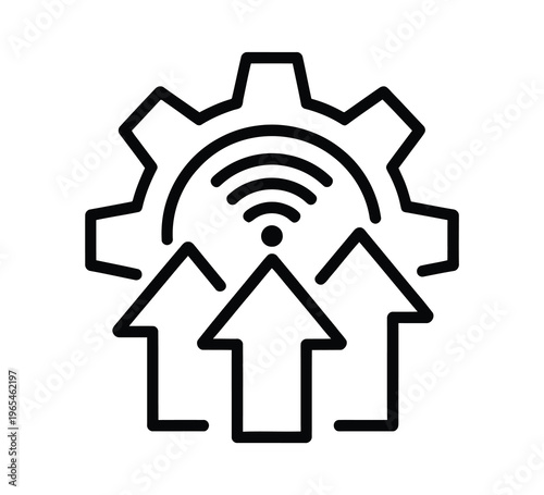 Black gear icon with WiFi signal and arrows on white background Vector illustration