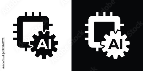 Minimalist graphic of an AI processor integrated with a mechanical gear. Symbolizes the fusion of artificial intelligence with industrial automation, engineering, and smart machinery systems.
