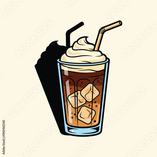 Illustration of an iced beverage with whipped topping and a straw. It features ice cubes in a transparent glass, with a long shadow