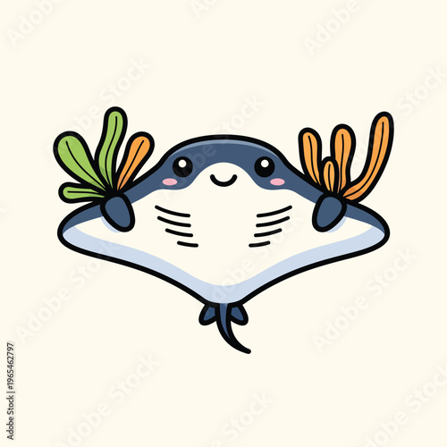 Adorable cartoon illustration of a marine creature with a white body, grey head, and seaweed-like appendages. The background is cream-colored