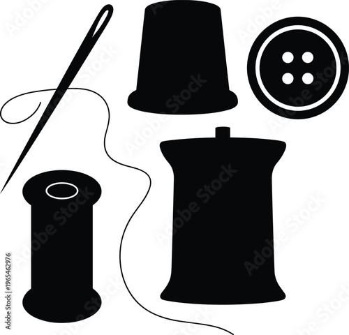 Sewing tools silhouette collection with needle, thread spool, thimble and button isolated on white background, tailoring craft concept, handmade design set