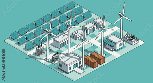 Renewable energy powering modern infrastructure shows sustainable solutions for the environment using solar panels, wind turbines, and energy storage technology, promoting clean po.