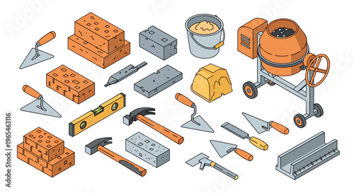 Construction Tools and Building Materials Represent Bricklaying and Masonry Work, Showing a Cement Mixer, Bricks, Trowels, Hammers, and Levels, Which are Essential for Construction.