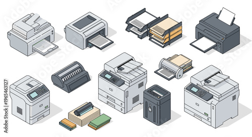 Isometric Office Machines and Supplies for Business Productivity, Including Printers, Scanners, Paper Trays, and Shredder, Representing Modern Workplace Technology and Document Man.
